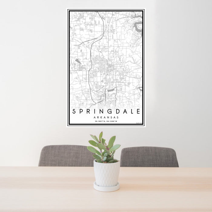 24x36 Springdale Arkansas Map Print Portrait Orientation in Classic Style Behind 2 Chairs Table and Potted Plant