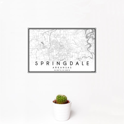 12x18 Springdale Arkansas Map Print Landscape Orientation in Classic Style With Small Cactus Plant in White Planter