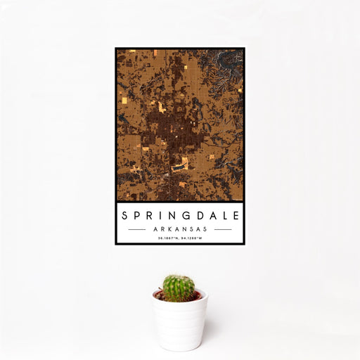 12x18 Springdale Arkansas Map Print Portrait Orientation in Ember Style With Small Cactus Plant in White Planter