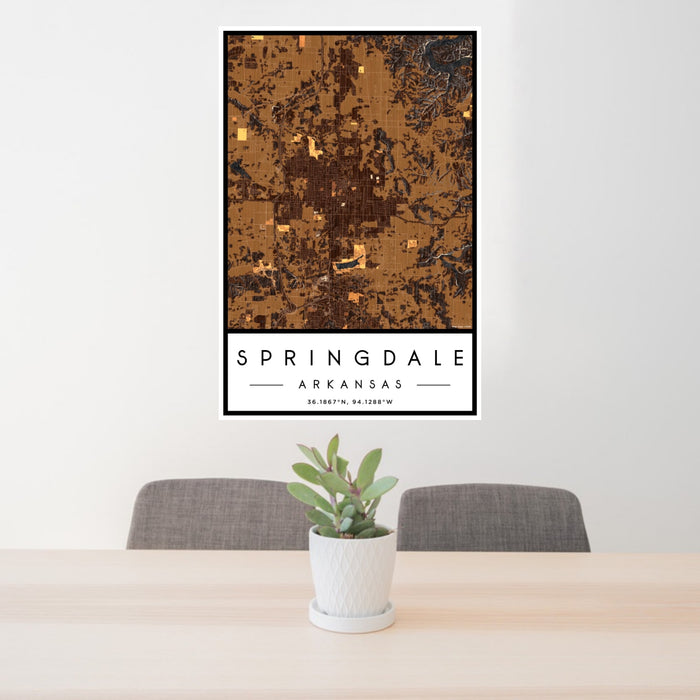 24x36 Springdale Arkansas Map Print Portrait Orientation in Ember Style Behind 2 Chairs Table and Potted Plant