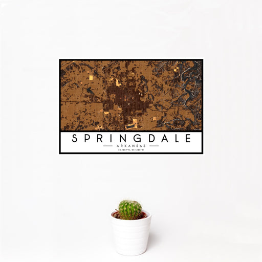 12x18 Springdale Arkansas Map Print Landscape Orientation in Ember Style With Small Cactus Plant in White Planter