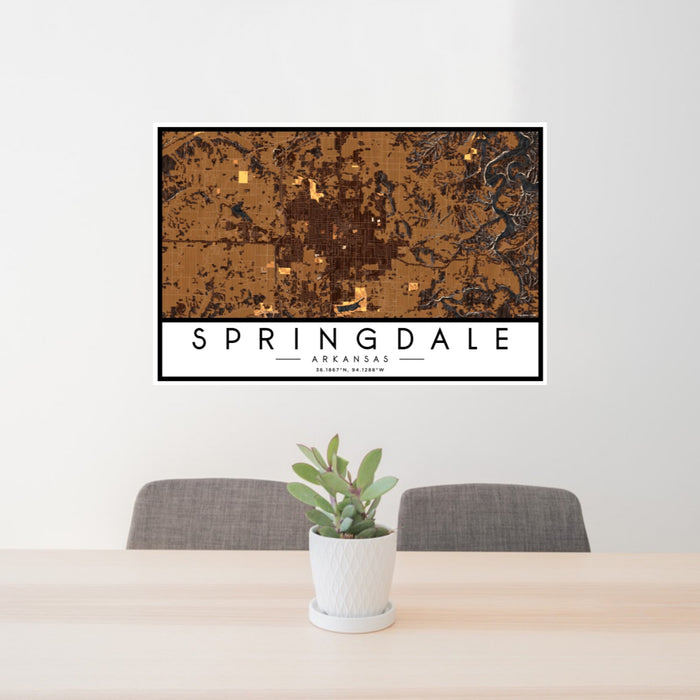 24x36 Springdale Arkansas Map Print Landscape Orientation in Ember Style Behind 2 Chairs Table and Potted Plant