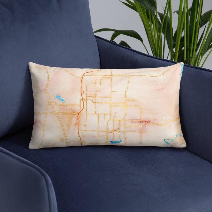 Custom Springdale Arkansas Map Throw Pillow in Watercolor on Blue Colored Chair