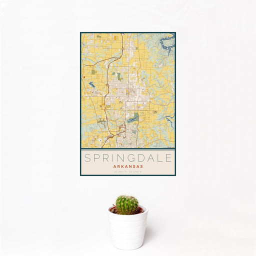 12x18 Springdale Arkansas Map Print Portrait Orientation in Woodblock Style With Small Cactus Plant in White Planter