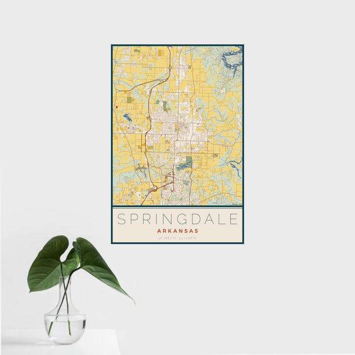 16x24 Springdale Arkansas Map Print Portrait Orientation in Woodblock Style With Tropical Plant Leaves in Water