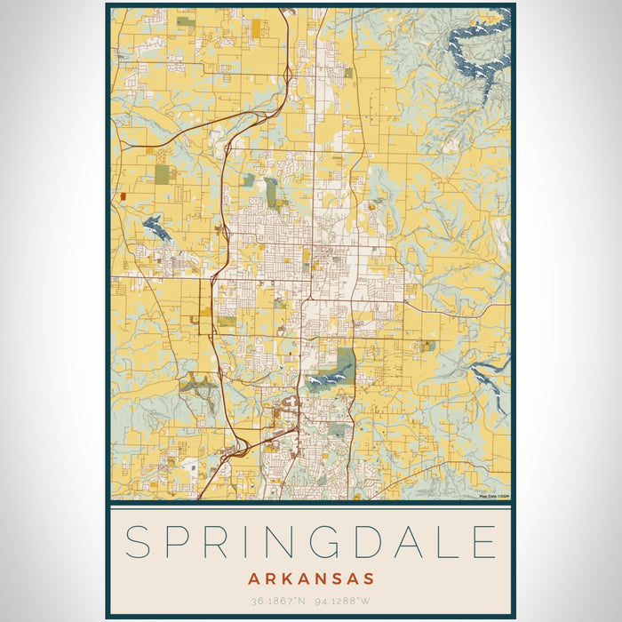 Springdale Arkansas Map Print Portrait Orientation in Woodblock Style With Shaded Background