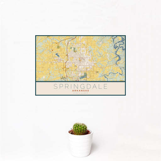 12x18 Springdale Arkansas Map Print Landscape Orientation in Woodblock Style With Small Cactus Plant in White Planter