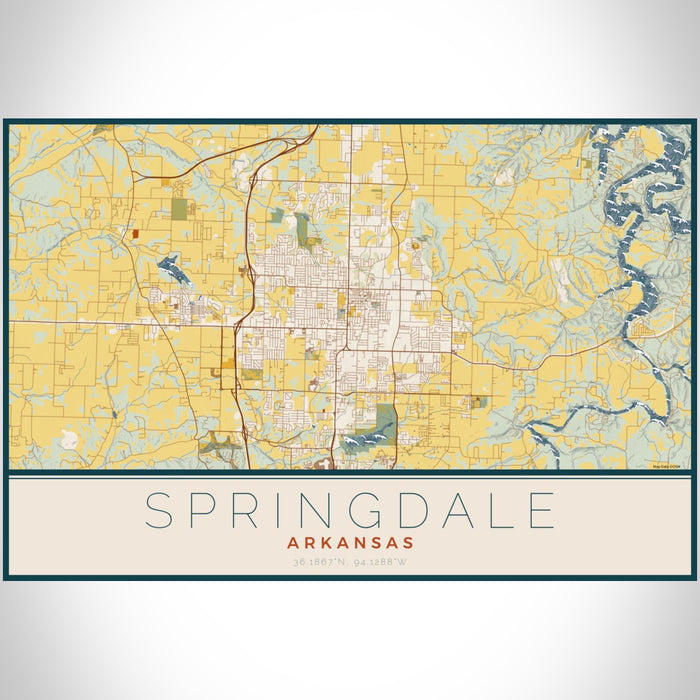 Springdale Arkansas Map Print Landscape Orientation in Woodblock Style With Shaded Background