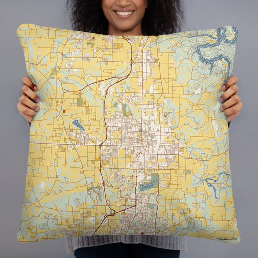 Person holding 22x22 Custom Springdale Arkansas Map Throw Pillow in Woodblock