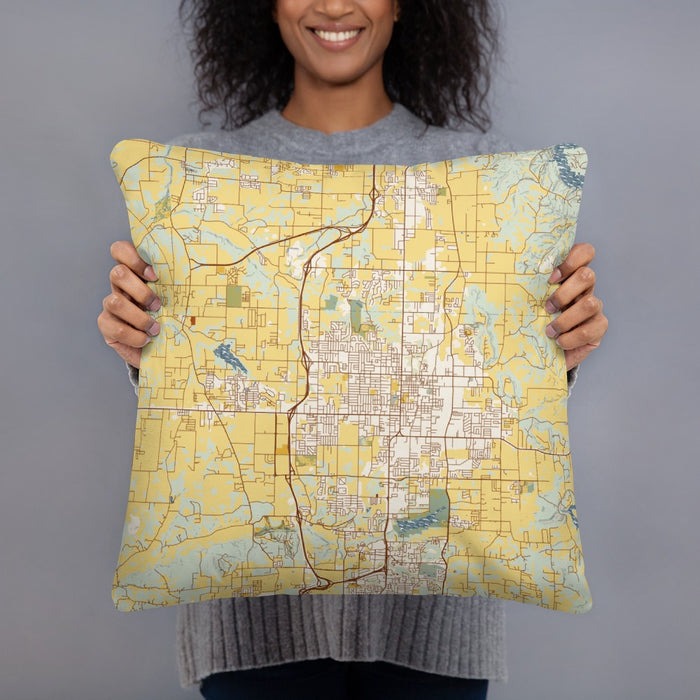 Person holding 18x18 Custom Springdale Arkansas Map Throw Pillow in Woodblock