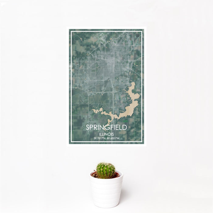 12x18 Springfield Illinois Map Print Portrait Orientation in Afternoon Style With Small Cactus Plant in White Planter