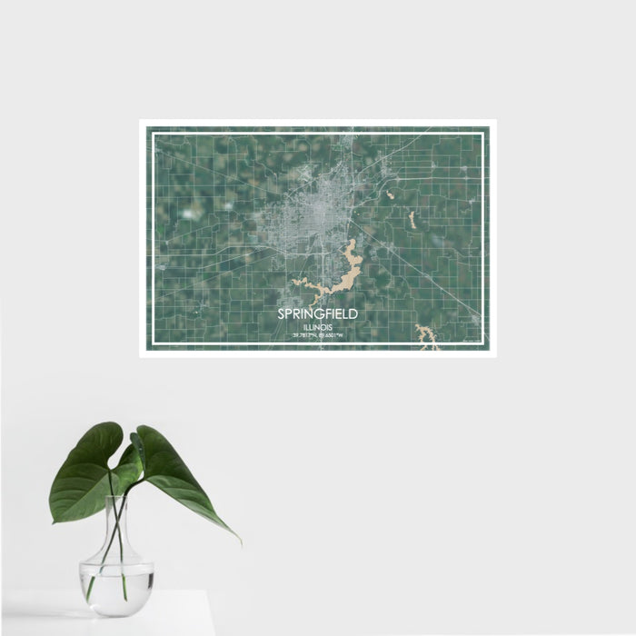 16x24 Springfield Illinois Map Print Landscape Orientation in Afternoon Style With Tropical Plant Leaves in Water