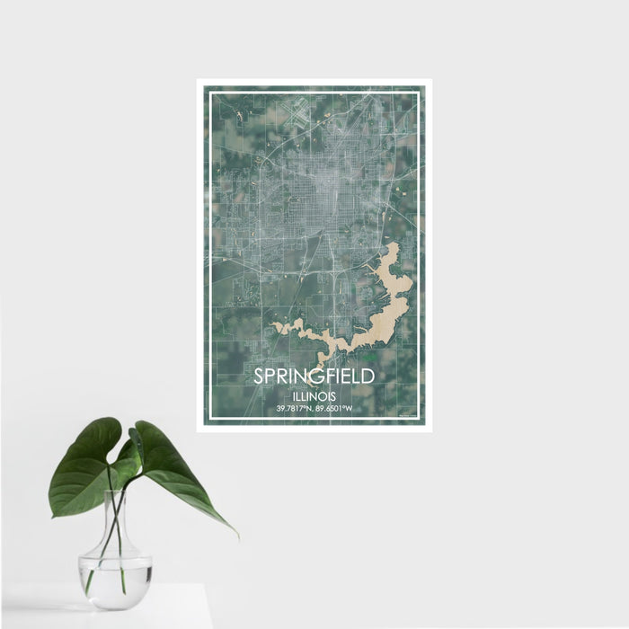 16x24 Springfield Illinois Map Print Portrait Orientation in Afternoon Style With Tropical Plant Leaves in Water