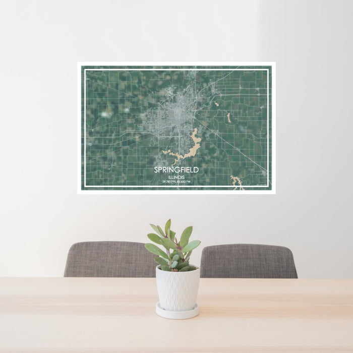 24x36 Springfield Illinois Map Print Lanscape Orientation in Afternoon Style Behind 2 Chairs Table and Potted Plant
