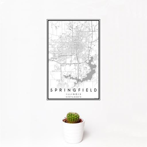 12x18 Springfield Illinois Map Print Portrait Orientation in Classic Style With Small Cactus Plant in White Planter