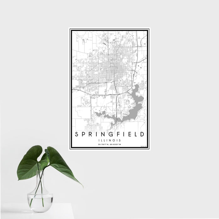 16x24 Springfield Illinois Map Print Portrait Orientation in Classic Style With Tropical Plant Leaves in Water