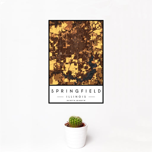 12x18 Springfield Illinois Map Print Portrait Orientation in Ember Style With Small Cactus Plant in White Planter