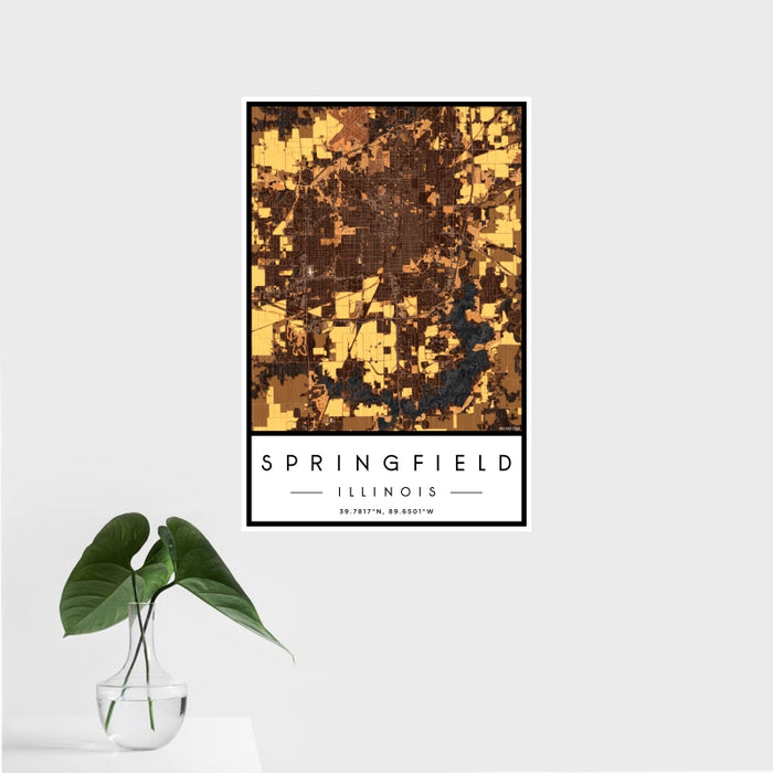 16x24 Springfield Illinois Map Print Portrait Orientation in Ember Style With Tropical Plant Leaves in Water