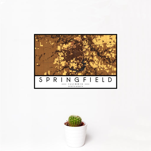 12x18 Springfield Illinois Map Print Landscape Orientation in Ember Style With Small Cactus Plant in White Planter