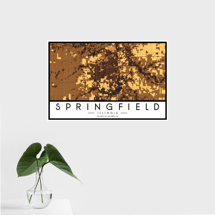 16x24 Springfield Illinois Map Print Landscape Orientation in Ember Style With Tropical Plant Leaves in Water