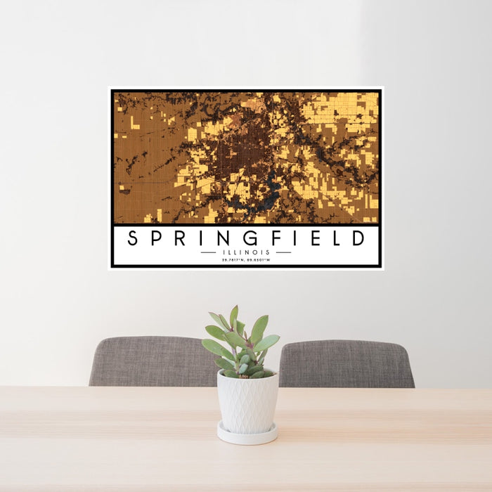 24x36 Springfield Illinois Map Print Landscape Orientation in Ember Style Behind 2 Chairs Table and Potted Plant