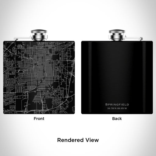 Rendered View of Springfield Illinois Map Engraving on 6oz Stainless Steel Flask in Black