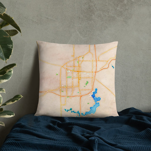 Custom Springfield Illinois Map Throw Pillow in Watercolor on Bedding Against Wall