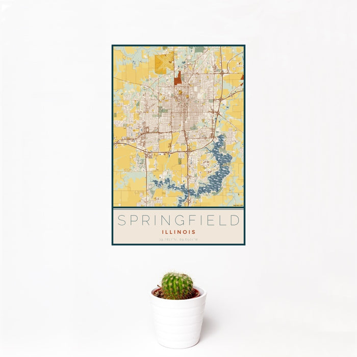 12x18 Springfield Illinois Map Print Portrait Orientation in Woodblock Style With Small Cactus Plant in White Planter