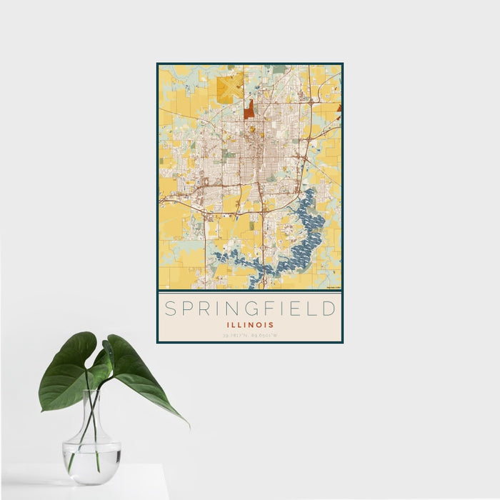 16x24 Springfield Illinois Map Print Portrait Orientation in Woodblock Style With Tropical Plant Leaves in Water