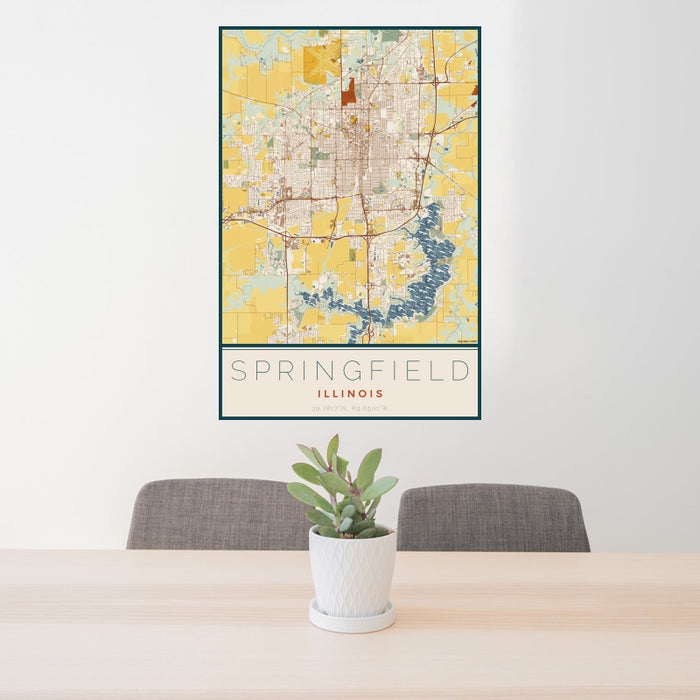 24x36 Springfield Illinois Map Print Portrait Orientation in Woodblock Style Behind 2 Chairs Table and Potted Plant
