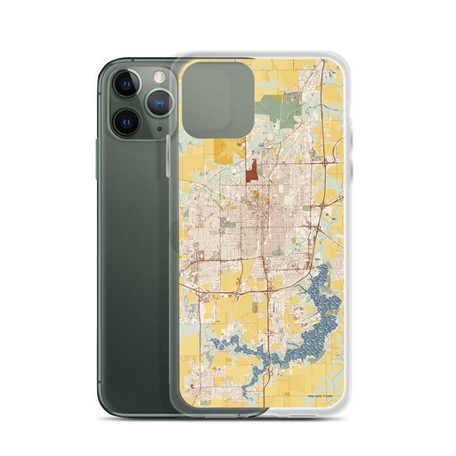 Custom Springfield Illinois Map Phone Case in Woodblock on Table with Laptop and Plant
