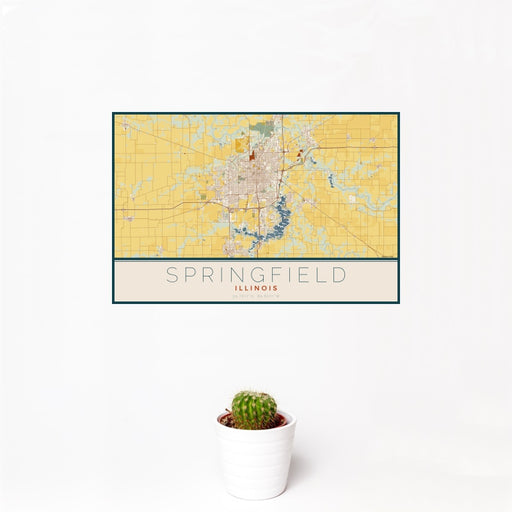 12x18 Springfield Illinois Map Print Landscape Orientation in Woodblock Style With Small Cactus Plant in White Planter