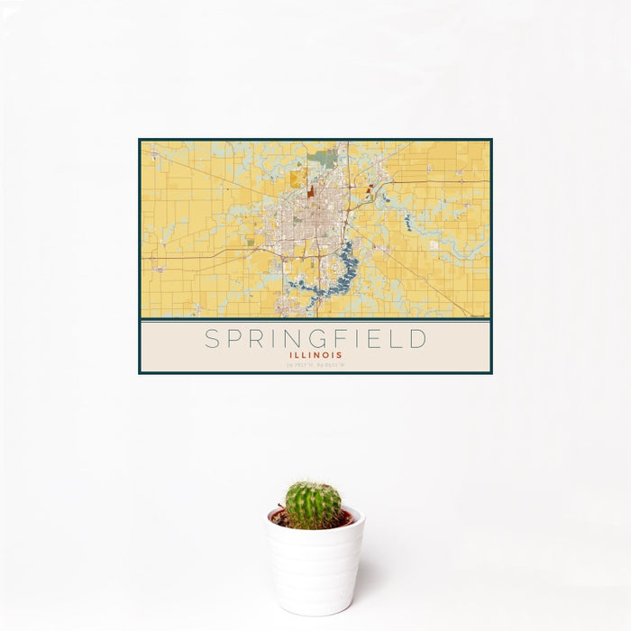 12x18 Springfield Illinois Map Print Landscape Orientation in Woodblock Style With Small Cactus Plant in White Planter