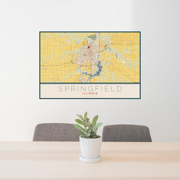 24x36 Springfield Illinois Map Print Landscape Orientation in Woodblock Style Behind 2 Chairs Table and Potted Plant