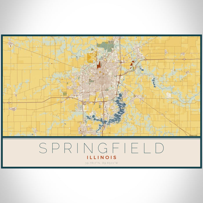 Springfield Illinois Map Print Landscape Orientation in Woodblock Style With Shaded Background
