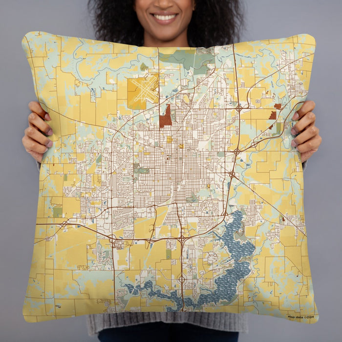Person holding 22x22 Custom Springfield Illinois Map Throw Pillow in Woodblock