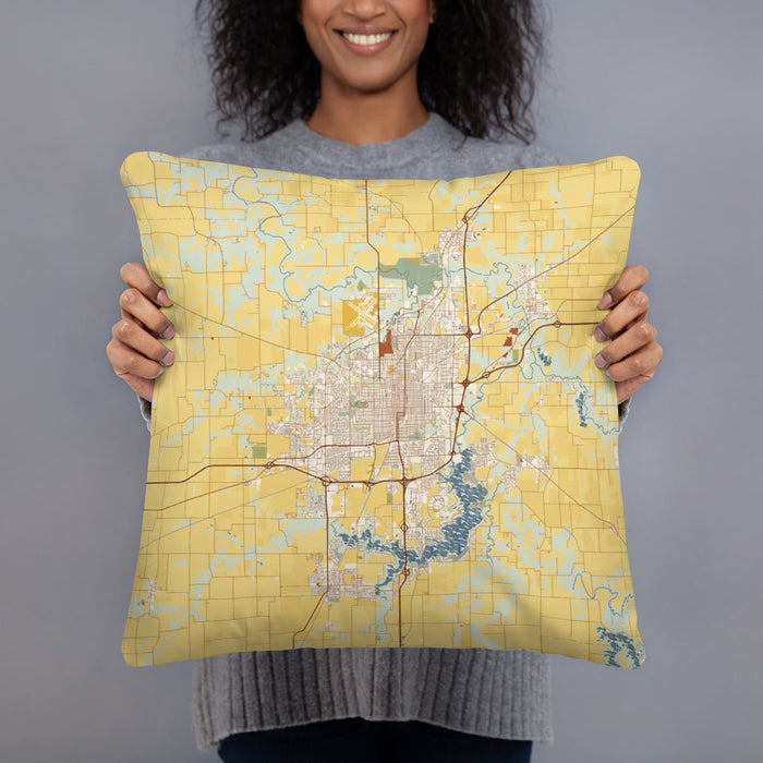 Person holding 18x18 Custom Springfield Illinois Map Throw Pillow in Woodblock