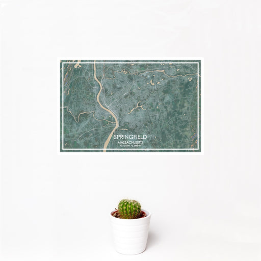 12x18 Springfield Massachusetts Map Print Landscape Orientation in Afternoon Style With Small Cactus Plant in White Planter