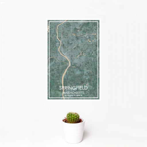 12x18 Springfield Massachusetts Map Print Portrait Orientation in Afternoon Style With Small Cactus Plant in White Planter