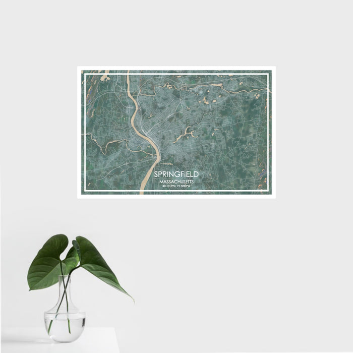 16x24 Springfield Massachusetts Map Print Landscape Orientation in Afternoon Style With Tropical Plant Leaves in Water