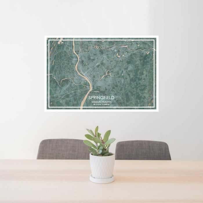 24x36 Springfield Massachusetts Map Print Lanscape Orientation in Afternoon Style Behind 2 Chairs Table and Potted Plant