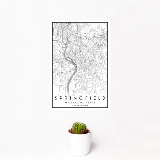 12x18 Springfield Massachusetts Map Print Portrait Orientation in Classic Style With Small Cactus Plant in White Planter