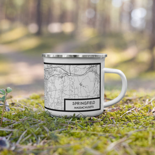 Right View Custom Springfield Massachusetts Map Enamel Mug in Classic on Grass With Trees in Background