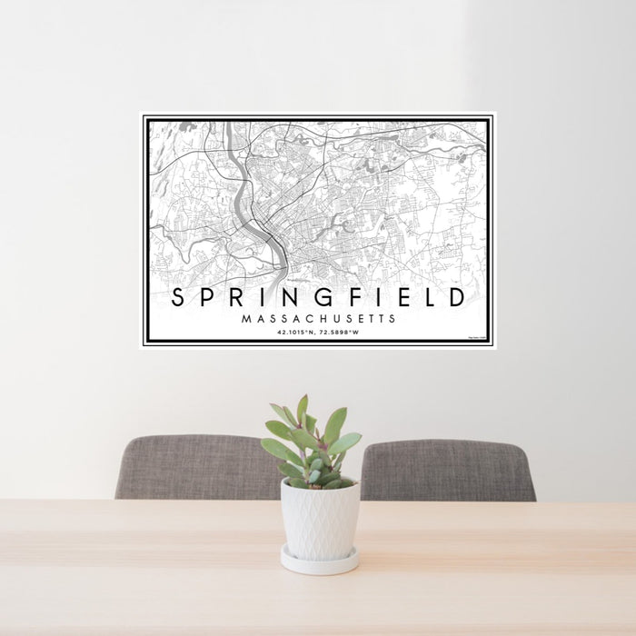 24x36 Springfield Massachusetts Map Print Landscape Orientation in Classic Style Behind 2 Chairs Table and Potted Plant