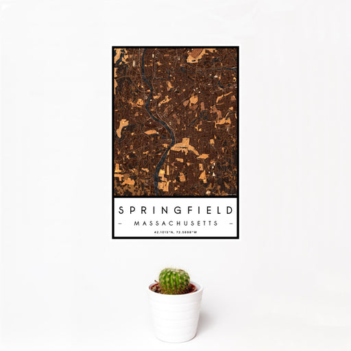 12x18 Springfield Massachusetts Map Print Portrait Orientation in Ember Style With Small Cactus Plant in White Planter
