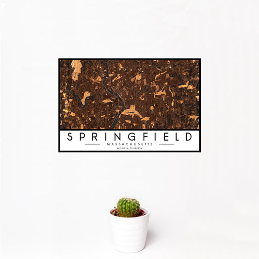 12x18 Springfield Massachusetts Map Print Landscape Orientation in Ember Style With Small Cactus Plant in White Planter