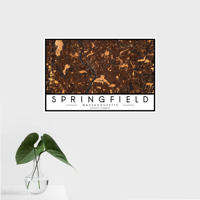 16x24 Springfield Massachusetts Map Print Landscape Orientation in Ember Style With Tropical Plant Leaves in Water