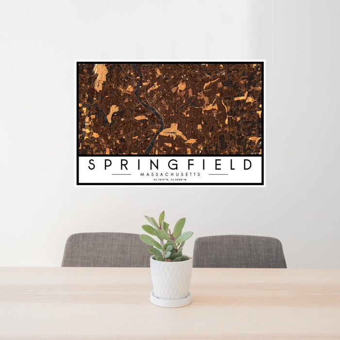 24x36 Springfield Massachusetts Map Print Landscape Orientation in Ember Style Behind 2 Chairs Table and Potted Plant