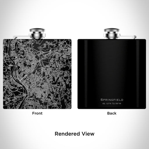 Rendered View of Springfield Massachusetts Map Engraving on 6oz Stainless Steel Flask in Black