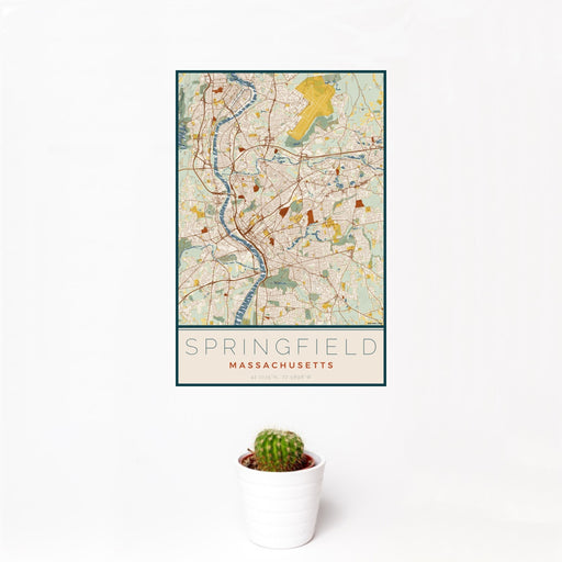 12x18 Springfield Massachusetts Map Print Portrait Orientation in Woodblock Style With Small Cactus Plant in White Planter
